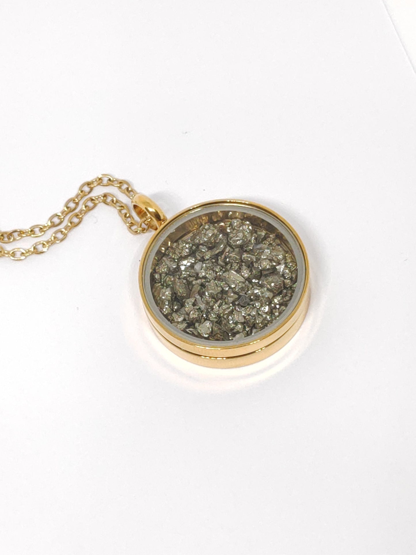 Raw Pyrite Cubes Crystals Necklace, round glass locked Pendant Necklace, Wealth stone Natural Gemstone Necklace, Protection Jewellery