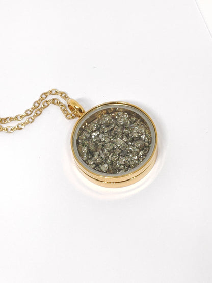 Raw Pyrite Cubes Crystals Necklace, round glass locked Pendant Necklace, Wealth stone Natural Gemstone Necklace, Protection Jewellery