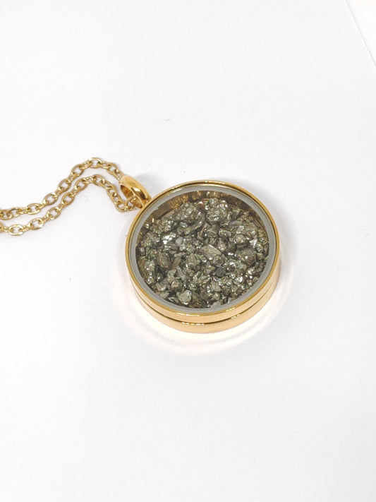 Raw Pyrite Cubes Crystals Necklace, round glass locked Pendant Necklace, Wealth stone Natural Gemstone Necklace, Protection Jewellery