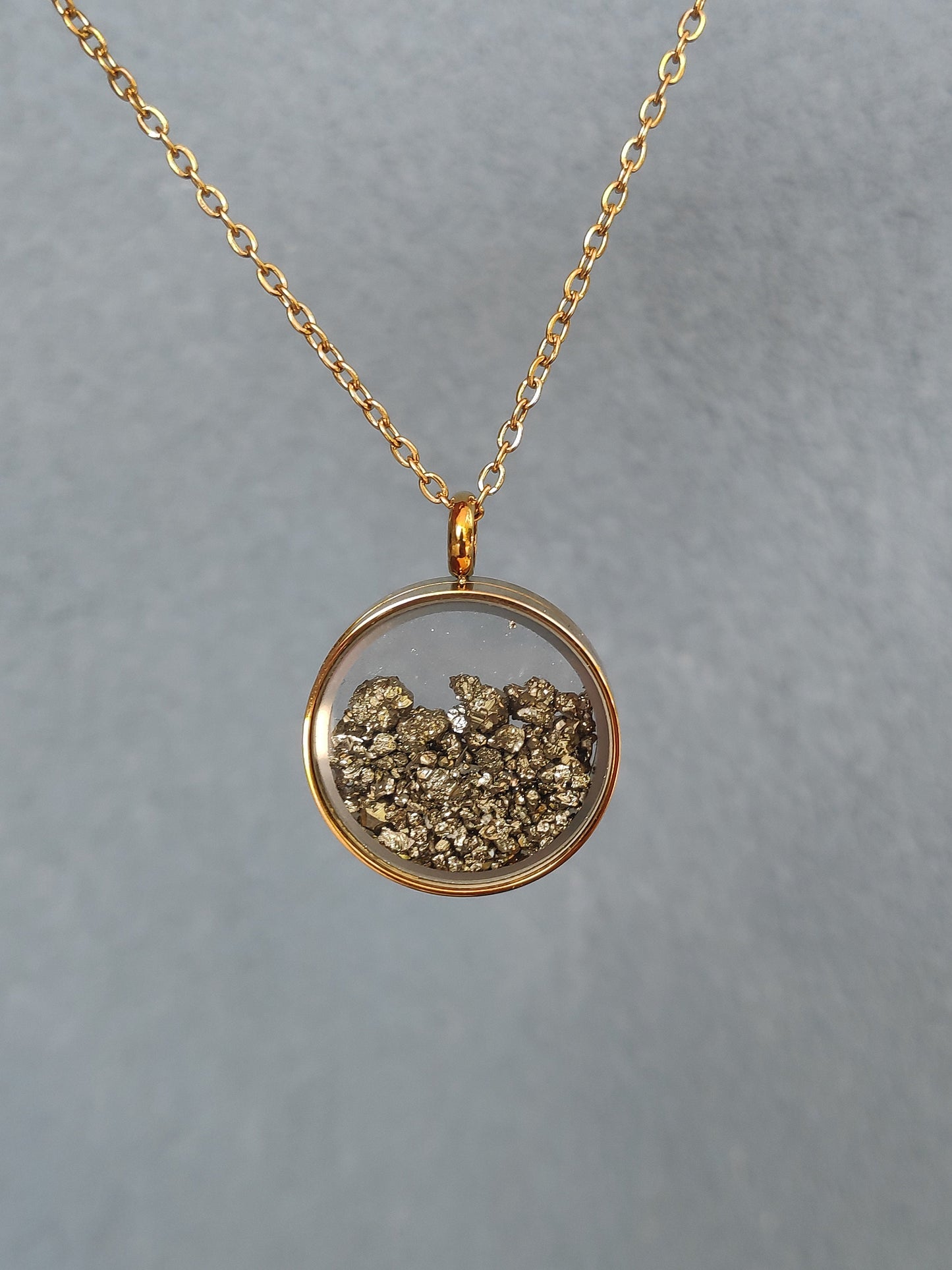 Raw Pyrite Cubes Crystals Necklace, round glass locked Pendant Necklace, Wealth stone Natural Gemstone Necklace, Protection Jewellery