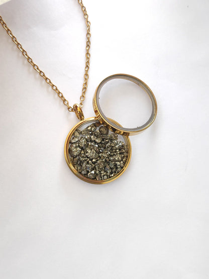 Raw Pyrite Cubes Crystals Necklace, round glass locked Pendant Necklace, Wealth stone Natural Gemstone Necklace, Protection Jewellery