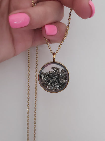 Raw Pyrite Cubes Crystals Necklace, round glass locked Pendant Necklace, Wealth stone Natural Gemstone Necklace, Protection Jewellery