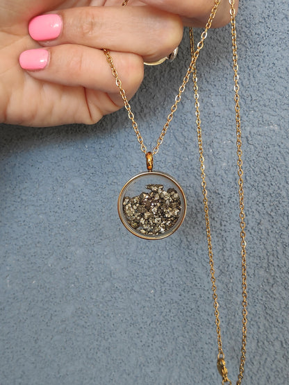 Raw Pyrite Cubes Crystals Necklace, round glass locked Pendant Necklace, Wealth stone Natural Gemstone Necklace, Protection Jewellery