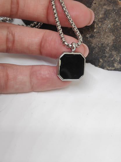 Exquisite Black Enamel Square Pendant Necklace Man - geometric pendant stainless steel round box chain men's jewelry accessories
