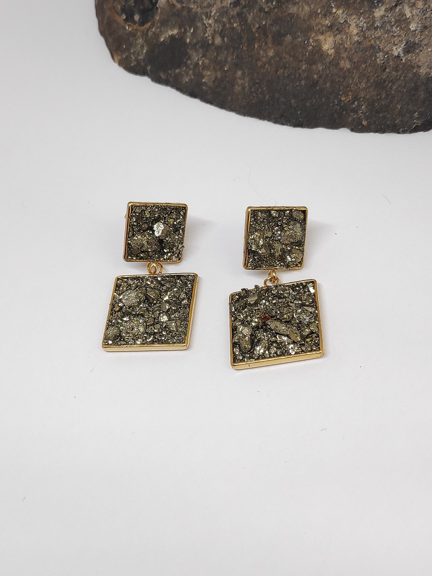 Raw Pyrite Square Stud Earrings – Gold Plated Geometric Healing Jewelry