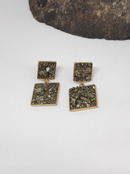 Raw Pyrite Square Stud Earrings – Gold Plated Geometric Healing Jewelry