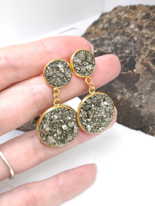 Earrings with Raw Pyrite, sparkly Earrings, Stainless steel gold plated, Handmade Healing Protection Bohemian Dainty Elegant Natural Gem