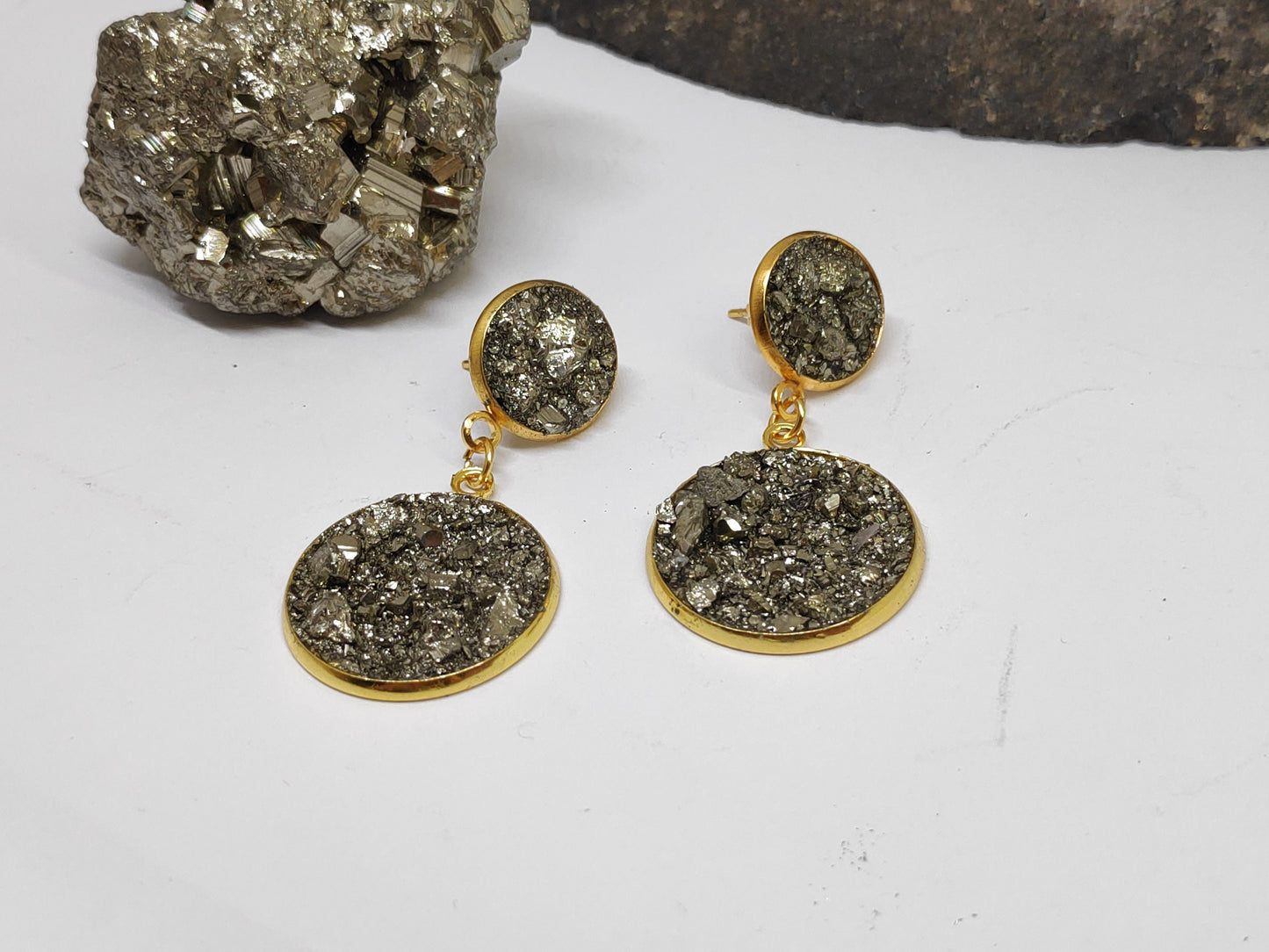 Earrings with Raw Pyrite, sparkly Earrings, Stainless steel gold plated, Handmade Healing Protection Bohemian Dainty Elegant Natural Gem
