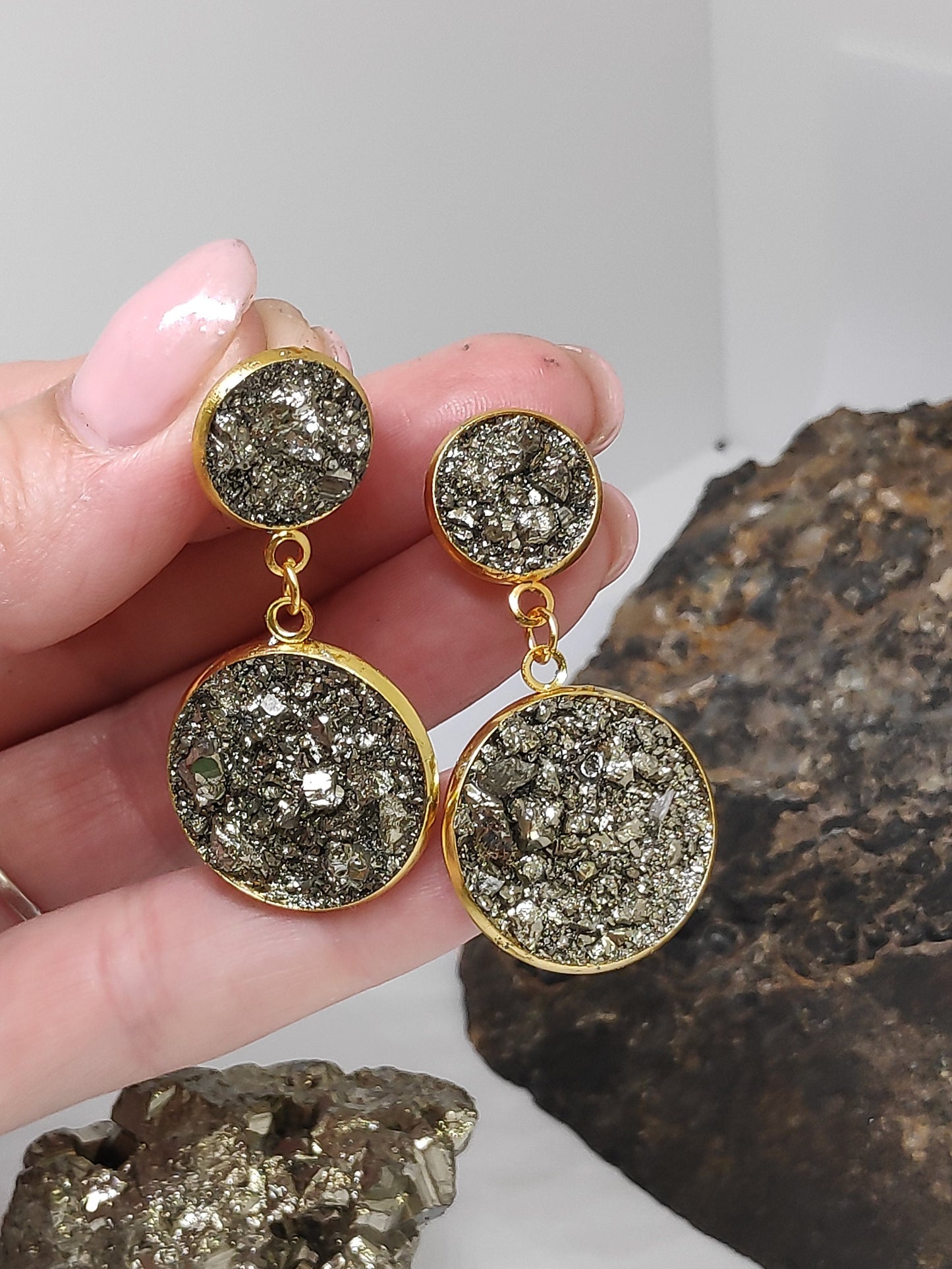 Earrings with Raw Pyrite, sparkly Earrings, Stainless steel gold plated, Handmade Healing Protection Bohemian Dainty Elegant Natural Gem