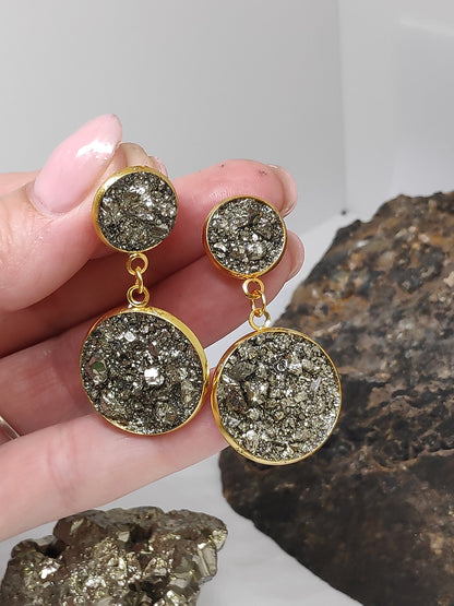 Earrings with Raw Pyrite, sparkly Earrings, Stainless steel gold plated, Handmade Healing Protection Bohemian Dainty Elegant Natural Gem