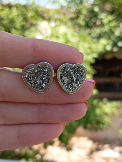 Heart Pyrite Studs Earrings, wealth stone, Healing, protection, raw Iron Pyrite cubes gemstone earrings, handmade dainty earrings