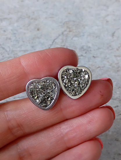 Heart Pyrite Studs Earrings, wealth stone, Healing, protection, raw Iron Pyrite cubes gemstone earrings, handmade dainty earrings