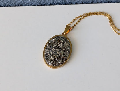 Oval cameo cabochon with Pyrite,charm pendant necklace, raw Iron pyrite Cube crystal,gem, Wealth stone, Handmade Protection Jewellery, gift