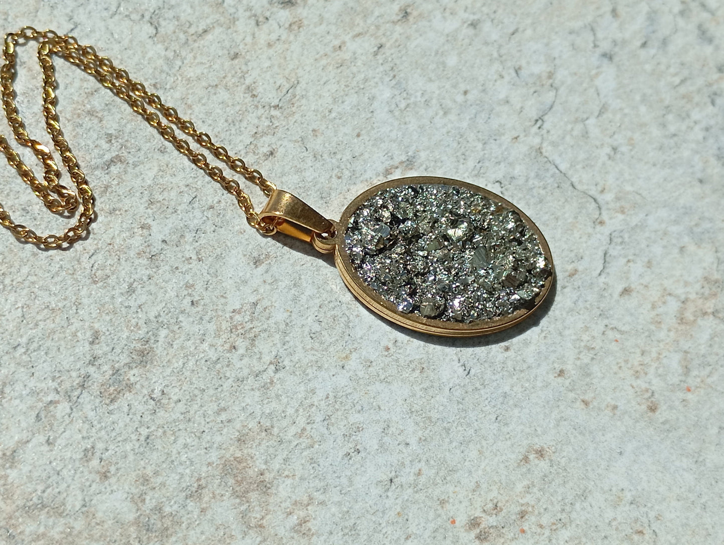 Oval cameo cabochon with Pyrite,charm pendant necklace, raw Iron pyrite Cube crystal,gem, Wealth stone, Handmade Protection Jewellery, gift