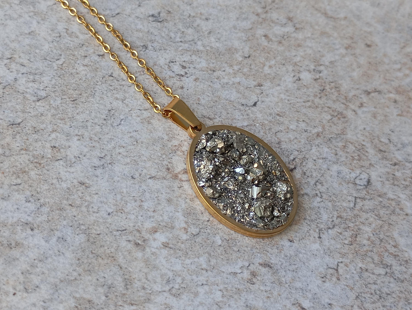 Oval cameo cabochon with Pyrite,charm pendant necklace, raw Iron pyrite Cube crystal,gem, Wealth stone, Handmade Protection Jewellery, gift