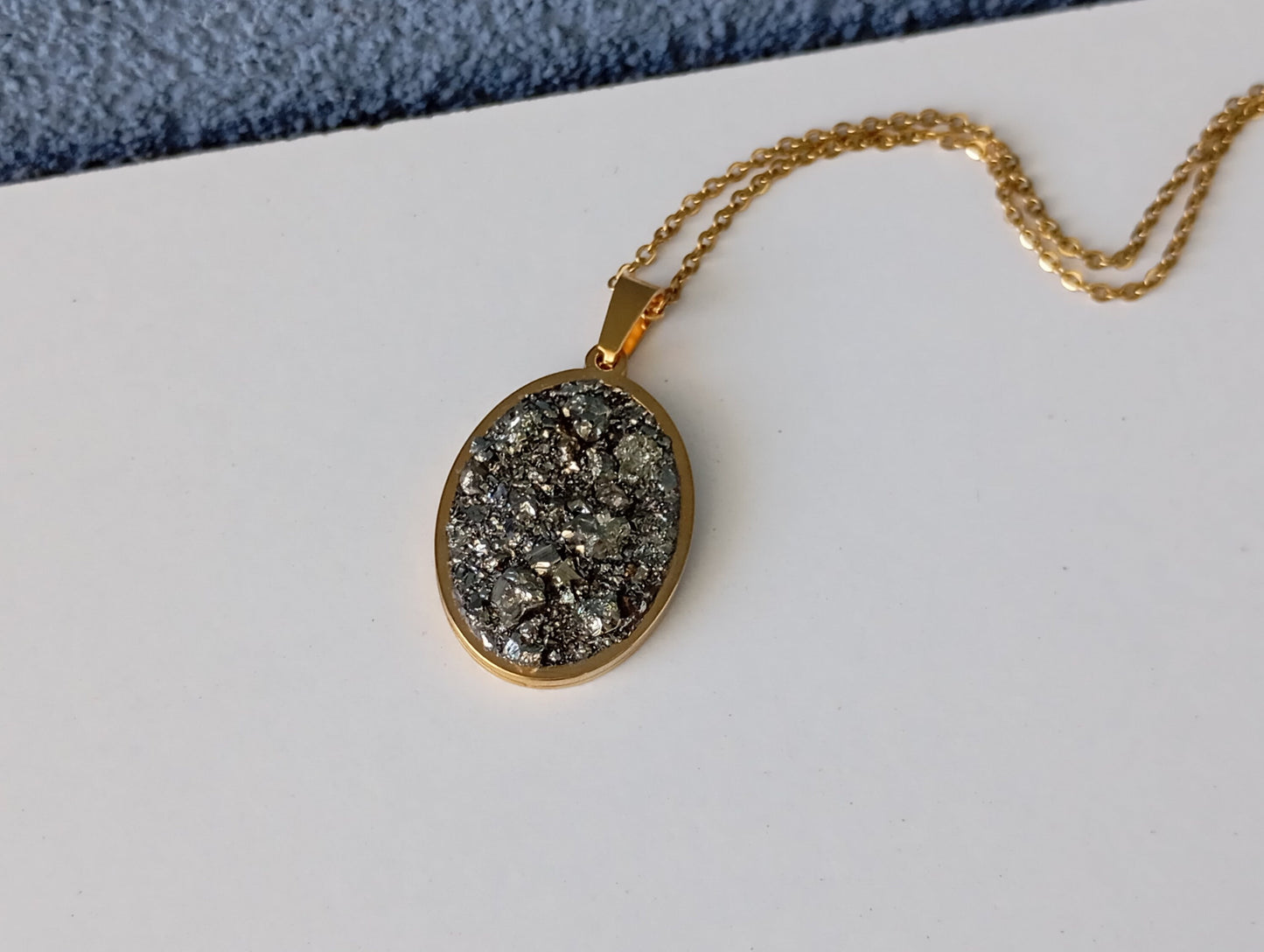 Oval cameo cabochon with Pyrite,charm pendant necklace, raw Iron pyrite Cube crystal,gem, Wealth stone, Handmade Protection Jewellery, gift