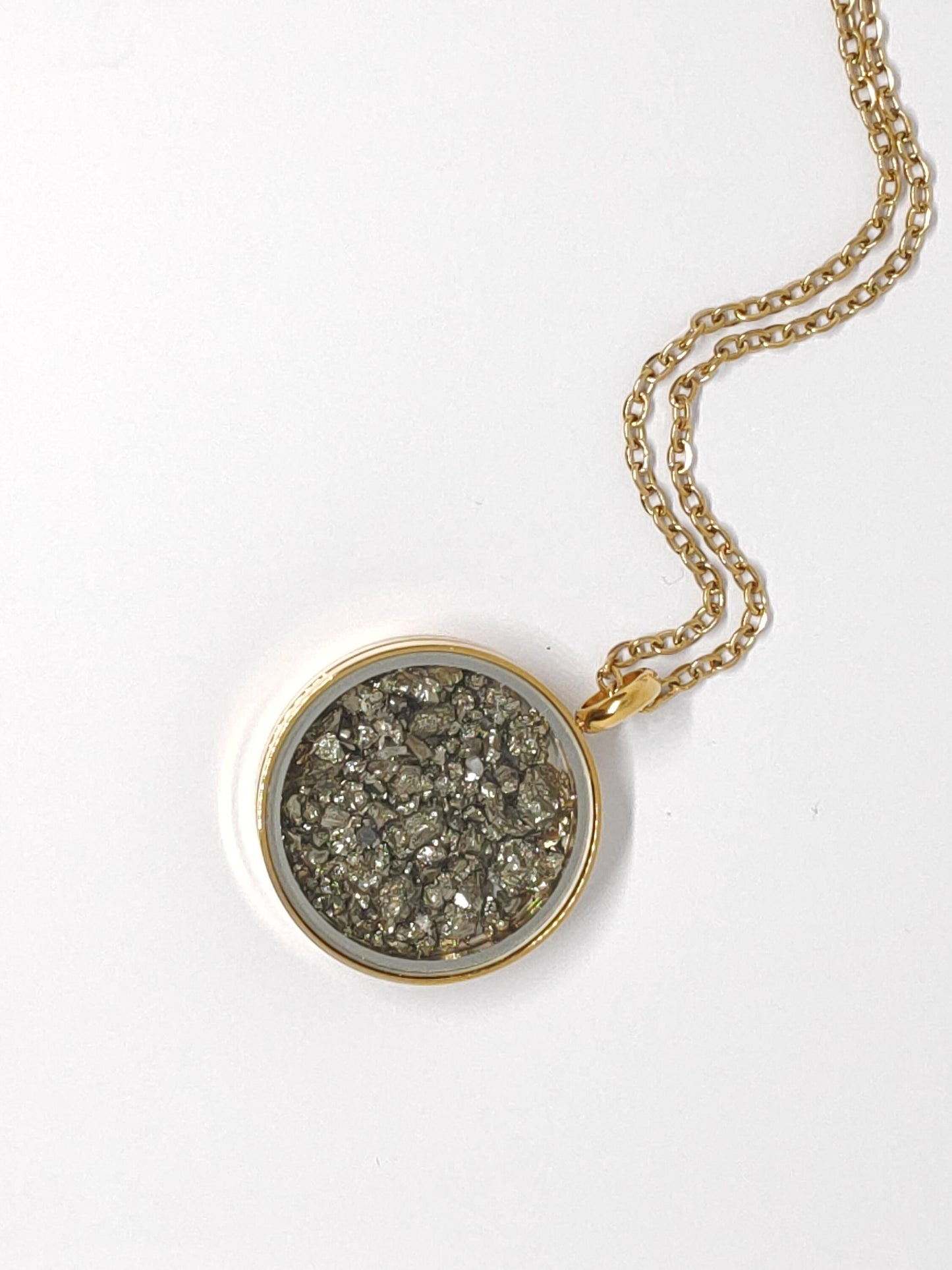 Raw Pyrite Cubes Crystals Necklace, round glass locked Pendant Necklace, Wealth stone Natural Gemstone Necklace, Protection Jewellery