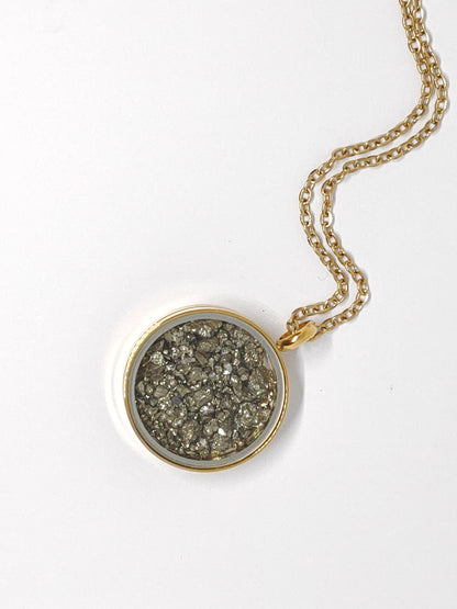 Raw Pyrite Cubes Crystals Necklace, round glass locked Pendant Necklace, Wealth stone Natural Gemstone Necklace, Protection Jewellery