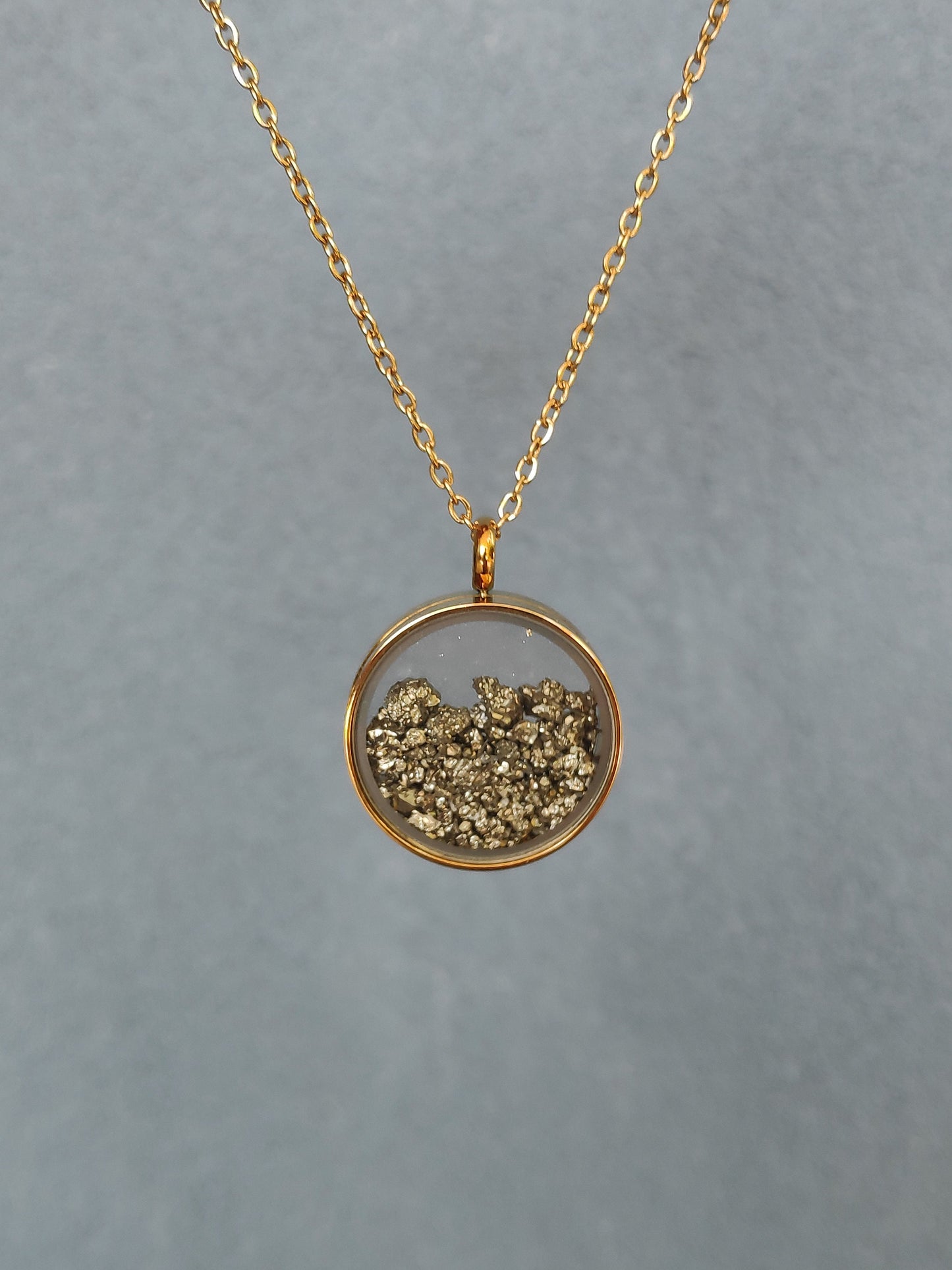 Raw Pyrite Cubes Crystals Necklace, round glass locked Pendant Necklace, Wealth stone Natural Gemstone Necklace, Protection Jewellery