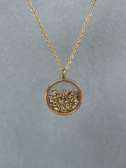 Raw Pyrite Cubes Crystals Necklace, round glass locked Pendant Necklace, Wealth stone Natural Gemstone Necklace, Protection Jewellery