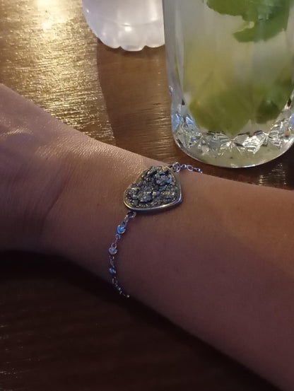 Heart cabochon with Raw Iron Pyrite Bracelet, Stone for Wealth,natural gem, stainless steel bracelet  heart  links chain bracelet protection