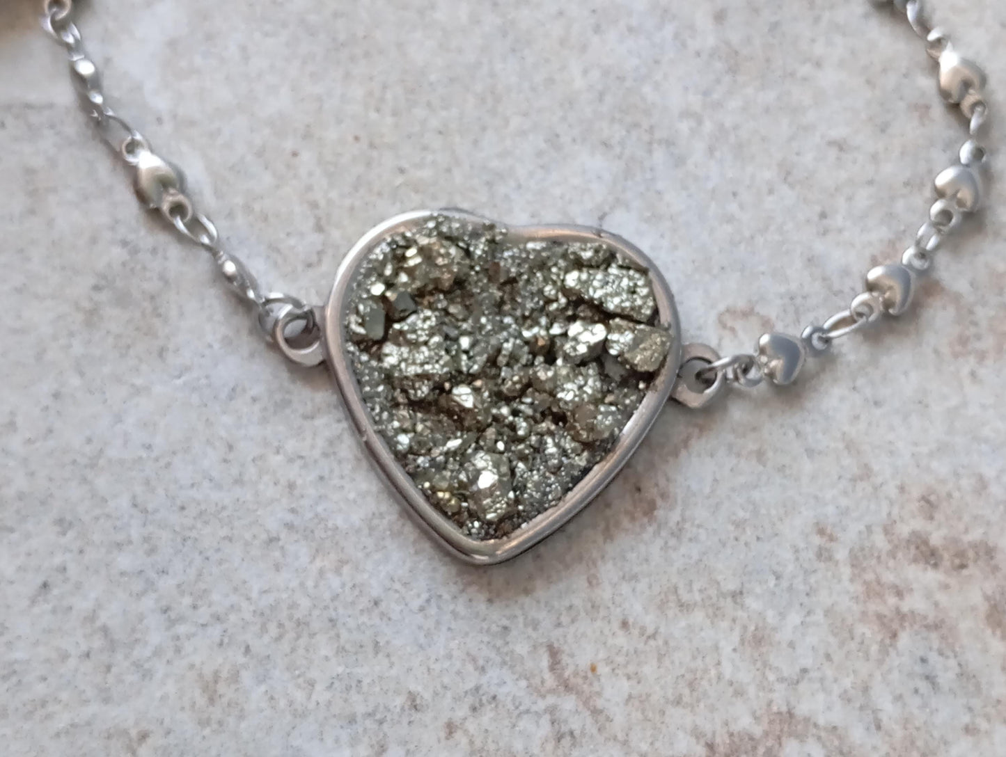 Heart cabochon with Raw Iron Pyrite Bracelet, Stone for Wealth,natural gem, stainless steel bracelet  heart  links chain bracelet protection