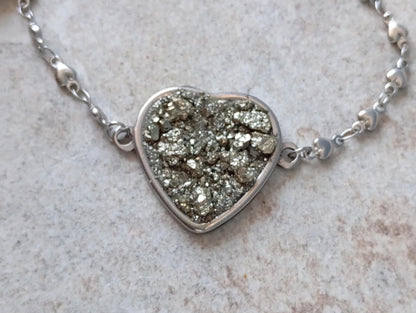 Heart cabochon with Raw Iron Pyrite Bracelet, Stone for Wealth,natural gem, stainless steel bracelet  heart  links chain bracelet protection