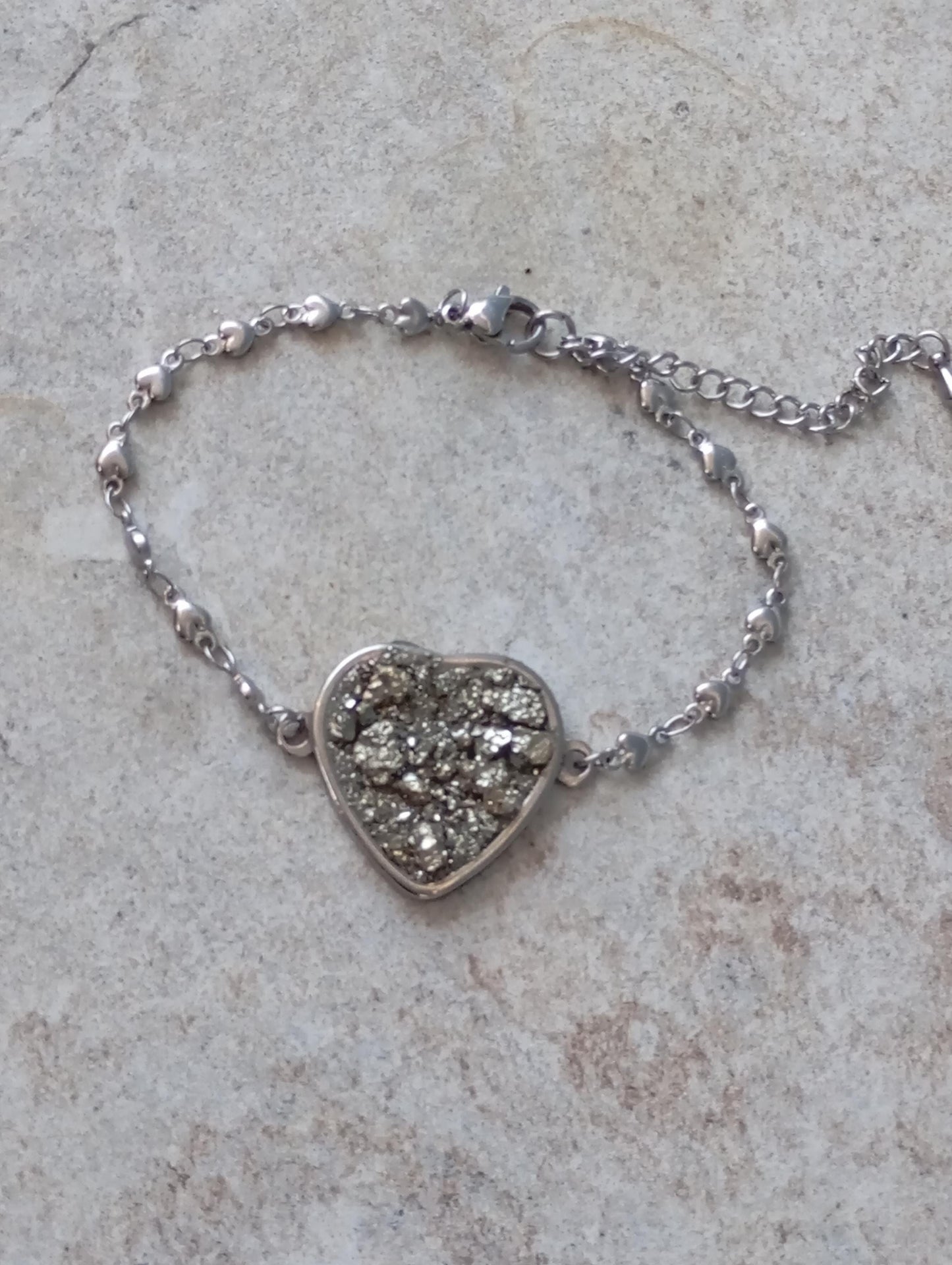 Heart cabochon with Raw Iron Pyrite Bracelet, Stone for Wealth,natural gem, stainless steel bracelet  heart  links chain bracelet protection