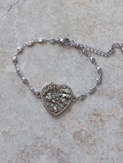 Heart cabochon with Raw Iron Pyrite Bracelet, Stone for Wealth,natural gem, stainless steel bracelet  heart  links chain bracelet protection