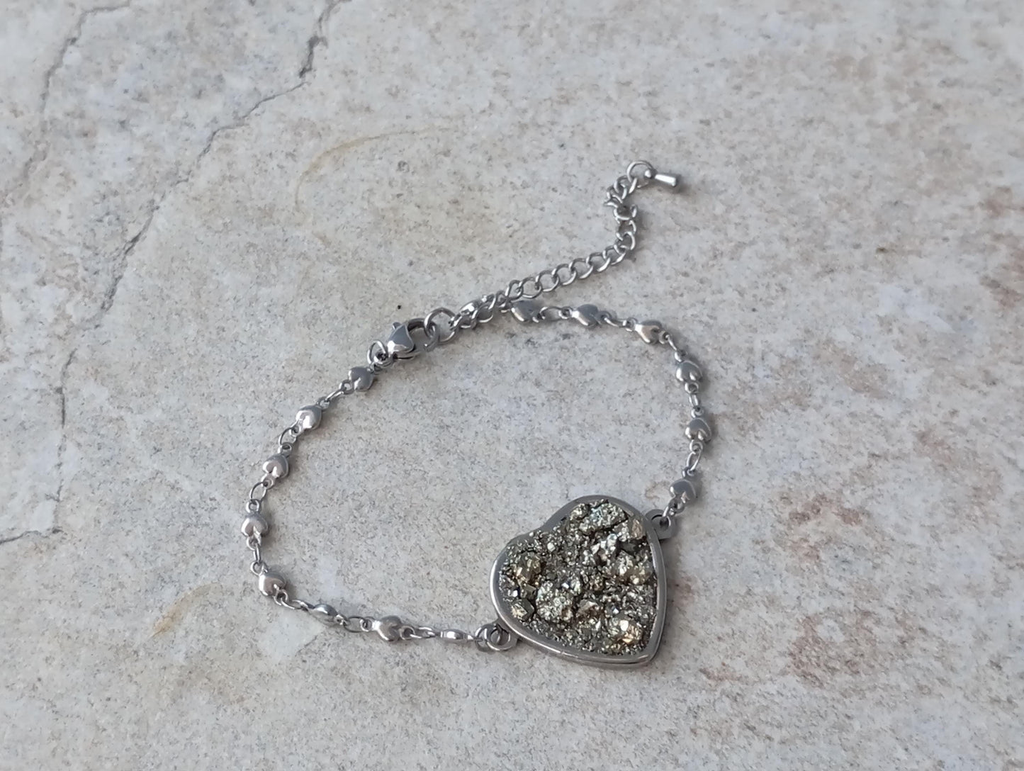 Heart cabochon with Raw Iron Pyrite Bracelet, Stone for Wealth,natural gem, stainless steel bracelet  heart  links chain bracelet protection