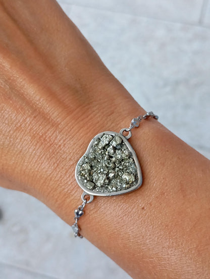Heart cabochon with Raw Iron Pyrite Bracelet, Stone for Wealth,natural gem, stainless steel bracelet  heart  links chain bracelet protection