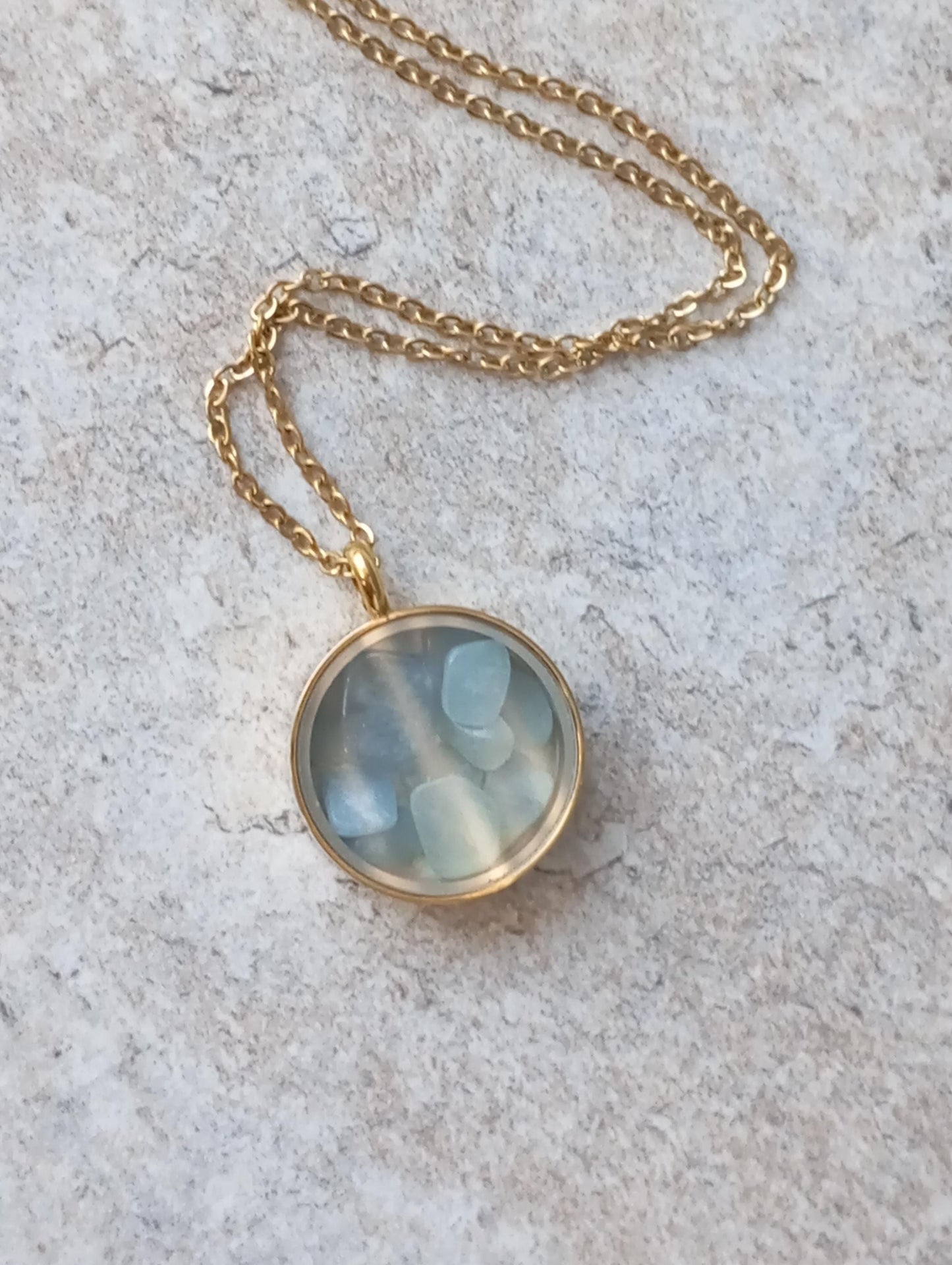Natural Aquamarine Necklace, Healing crystal natural Gemstone Necklace in round glass locked Pendant