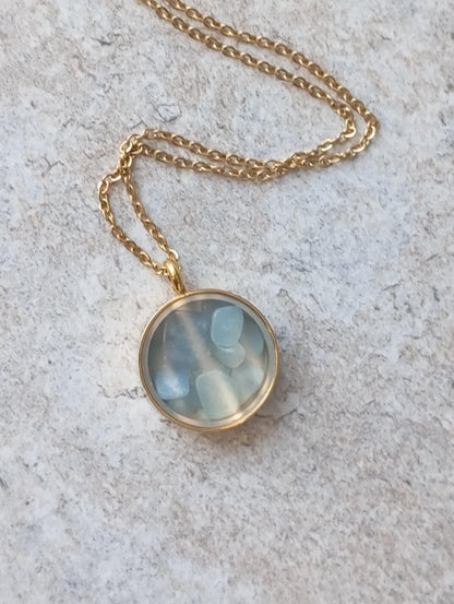 Natural Aquamarine Necklace, Healing crystal natural Gemstone Necklace in round glass locked Pendant