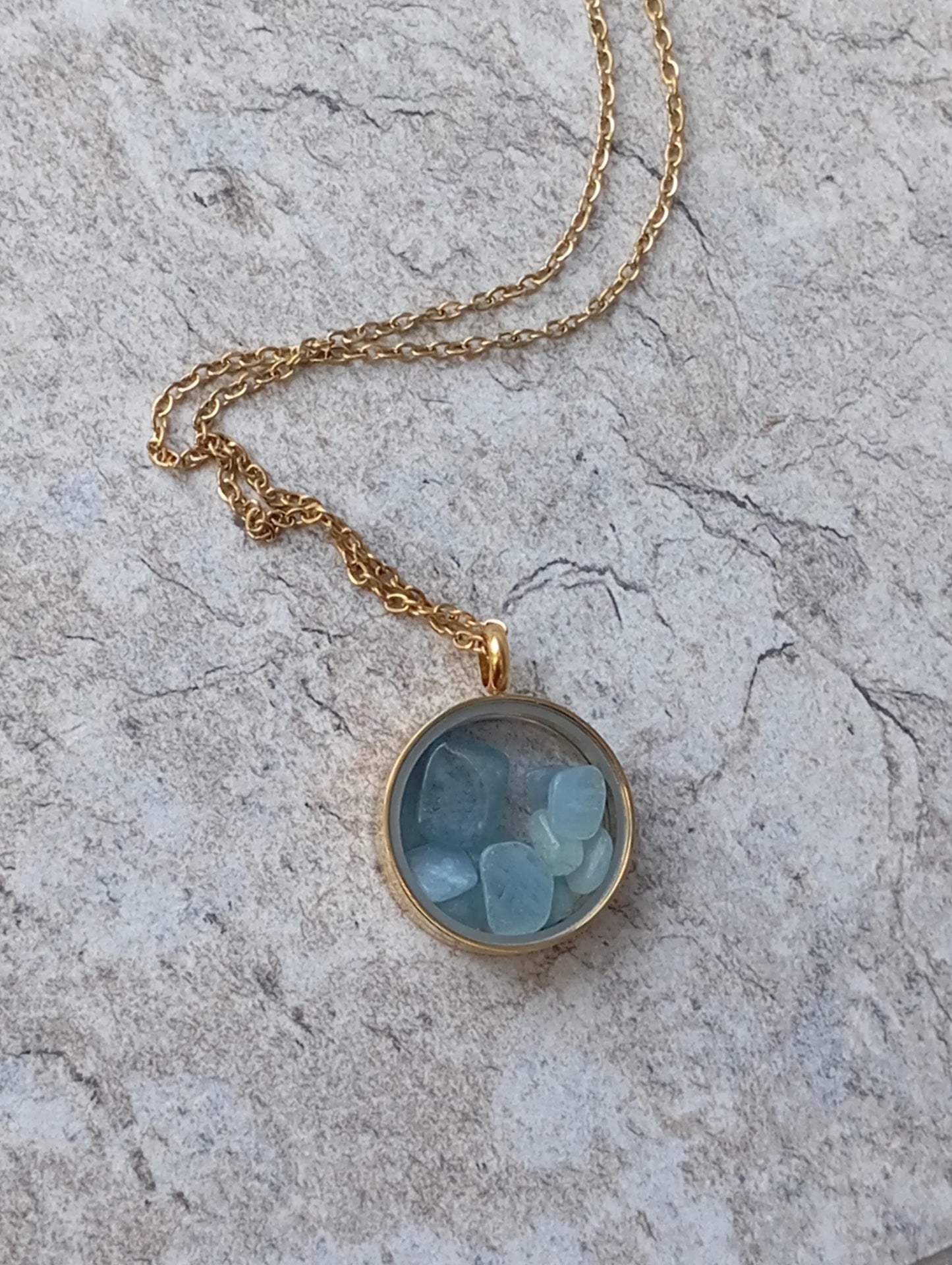 Natural Aquamarine Necklace, Healing crystal natural Gemstone Necklace in round glass locked Pendant