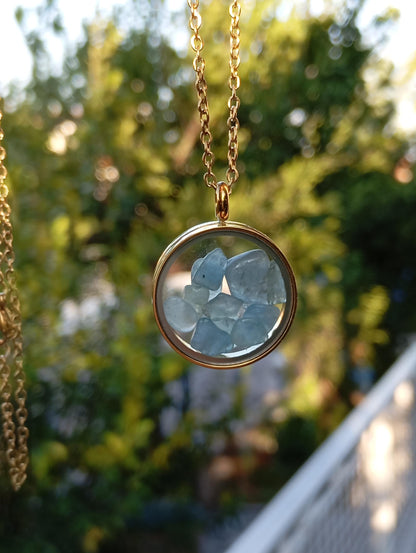 Natural Aquamarine Necklace, Healing crystal natural Gemstone Necklace in round glass locked Pendant