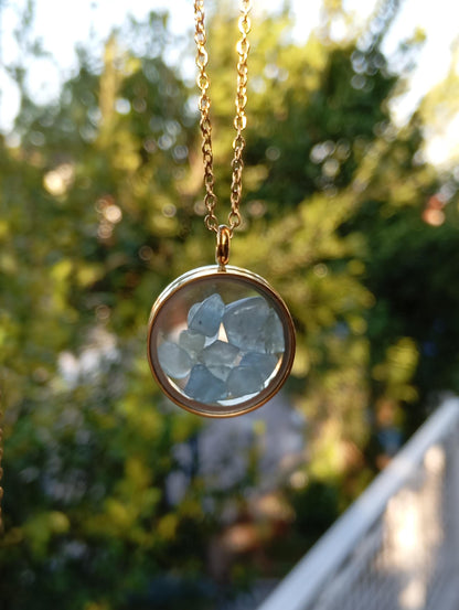 Natural Aquamarine Necklace, Healing crystal natural Gemstone Necklace in round glass locked Pendant