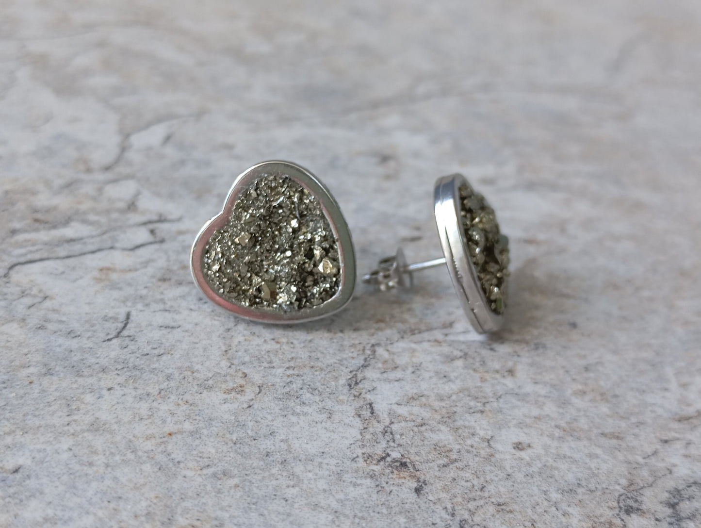 Heart Pyrite Studs Earrings, wealth stone, Healing, protection, raw Iron Pyrite cubes gemstone earrings, handmade dainty earrings