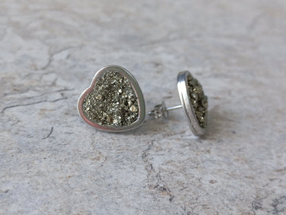 Heart Pyrite Studs Earrings, wealth stone, Healing, protection, raw Iron Pyrite cubes gemstone earrings, handmade dainty earrings