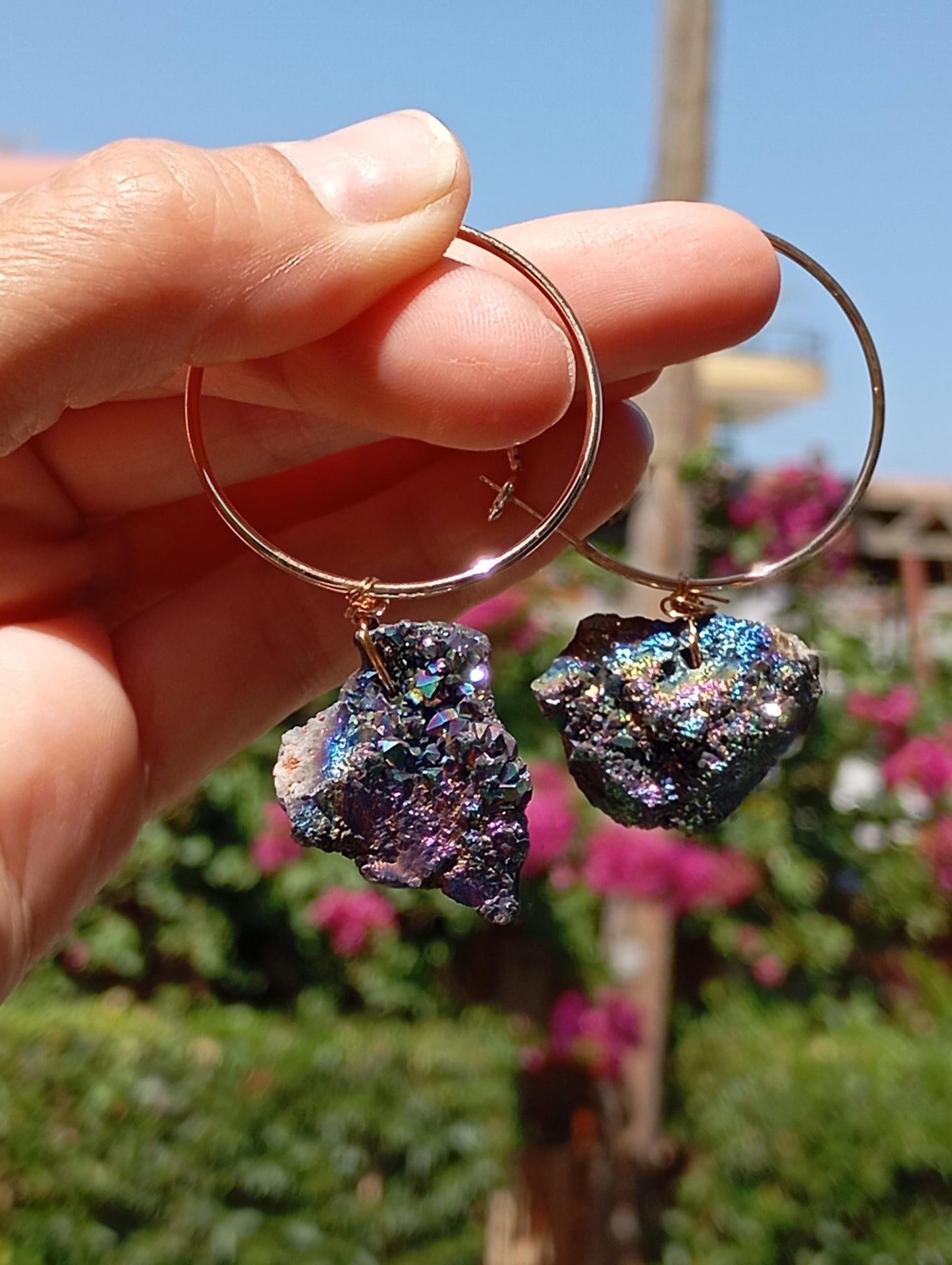 Blue aura Druzy quartz crystal cluster  Hoop Earrings, circle dangle earrings, protection healing, gorgeous,dainty charm earrings, gem