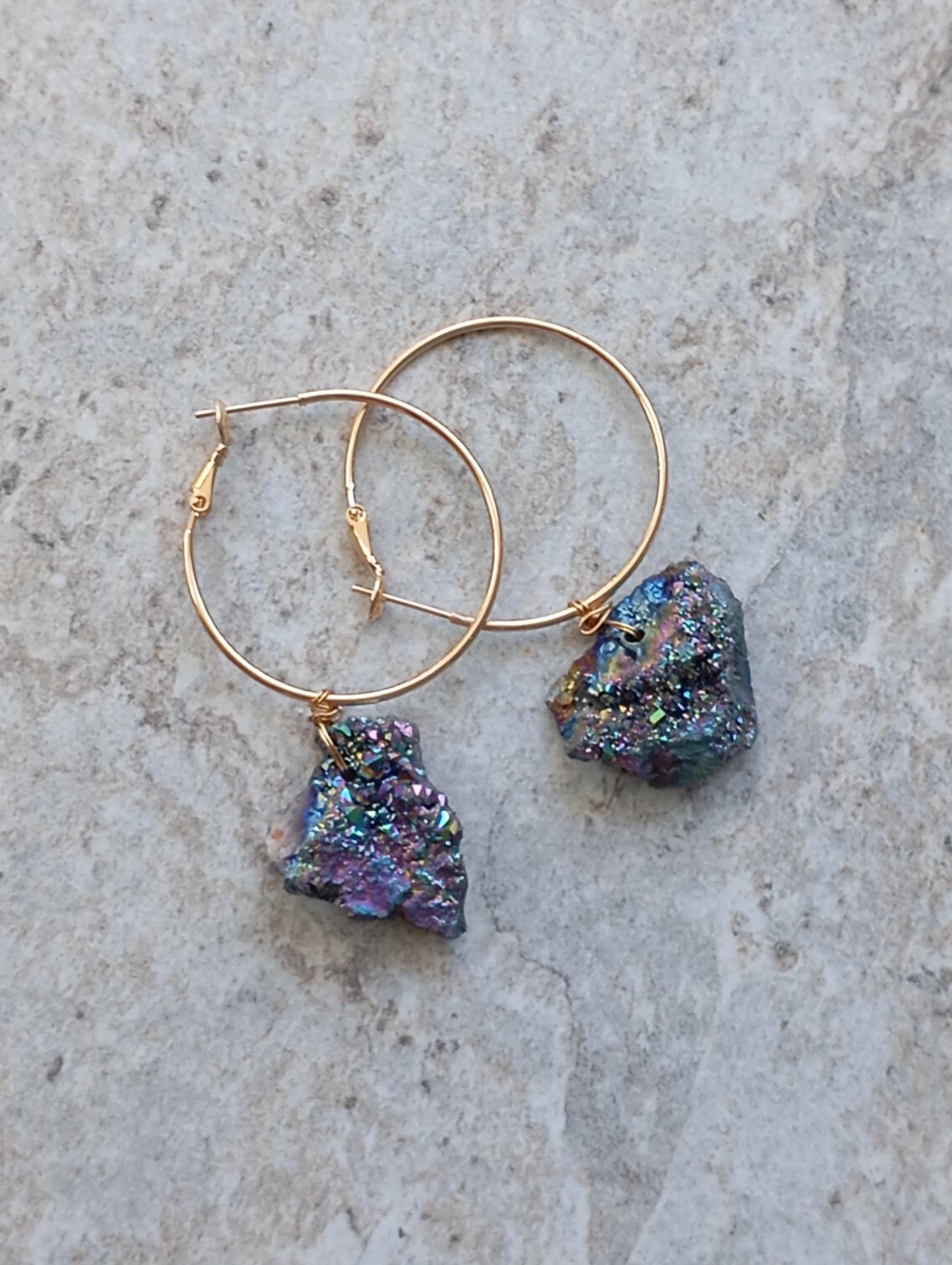 Blue aura Druzy quartz crystal cluster  Hoop Earrings, circle dangle earrings, protection healing, gorgeous,dainty charm earrings, gem