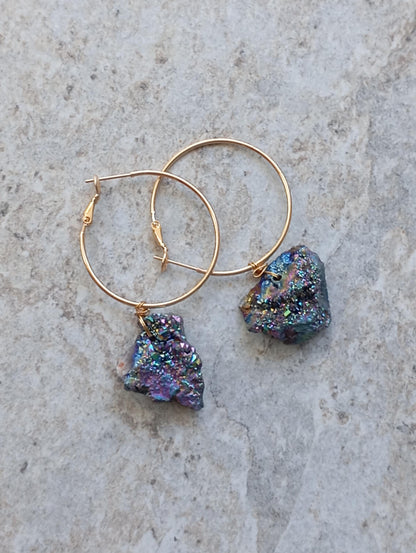 Blue aura Druzy quartz crystal cluster  Hoop Earrings, circle dangle earrings, protection healing, gorgeous,dainty charm earrings, gem