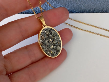 Oval cameo cabochon with Pyrite,charm pendant necklace, raw Iron pyrite Cube crystal,gem, Wealth stone, Handmade Protection Jewellery, gift
