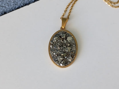 Oval cameo cabochon with Pyrite,charm pendant necklace, raw Iron pyrite Cube crystal,gem, Wealth stone, Handmade Protection Jewellery, gift