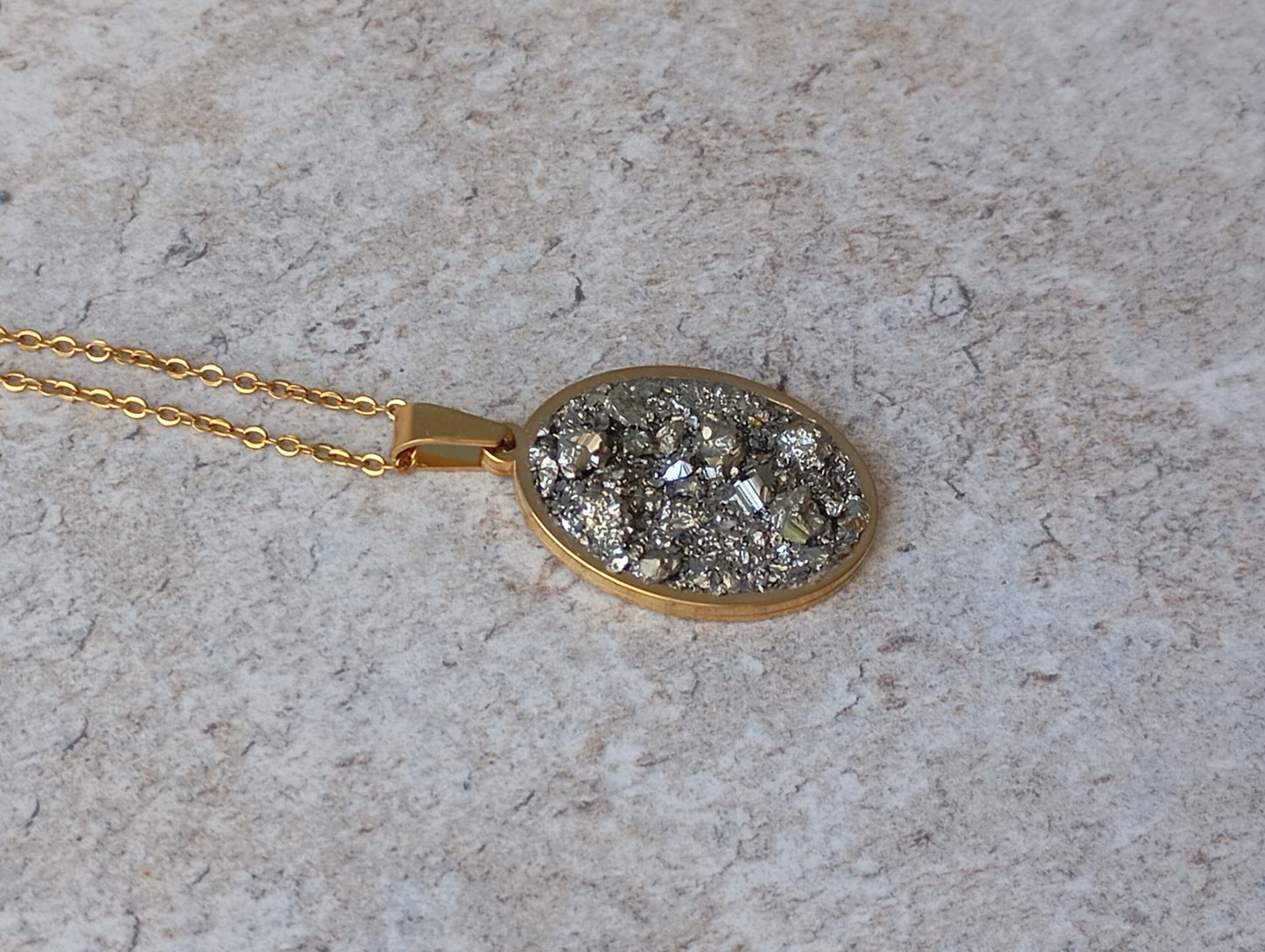 Oval cameo cabochon with Pyrite,charm pendant necklace, raw Iron pyrite Cube crystal,gem, Wealth stone, Handmade Protection Jewellery, gift