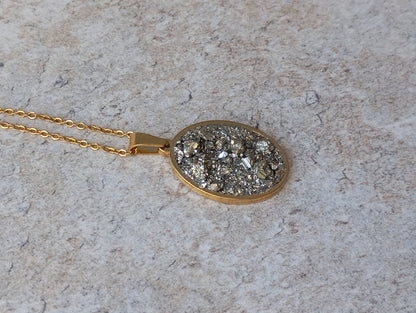 Oval cameo cabochon with Pyrite,charm pendant necklace, raw Iron pyrite Cube crystal,gem, Wealth stone, Handmade Protection Jewellery, gift