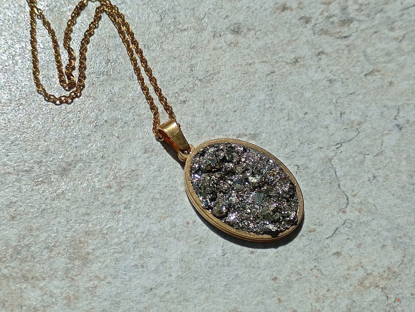 Oval cameo cabochon with Pyrite,charm pendant necklace, raw Iron pyrite Cube crystal,gem, Wealth stone, Handmade Protection Jewellery, gift