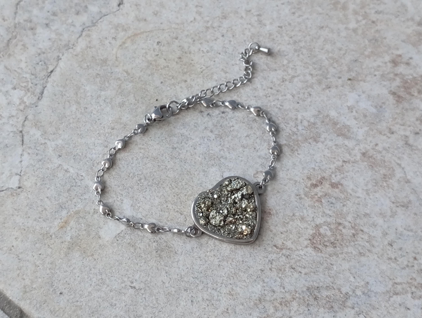 Heart cabochon with Raw Iron Pyrite Bracelet, Stone for Wealth,natural gem, stainless steel bracelet  heart  links chain bracelet protection