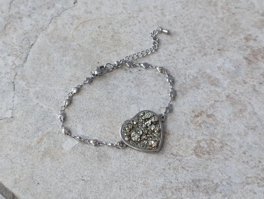 Heart cabochon with Raw Iron Pyrite Bracelet, Stone for Wealth,natural gem, stainless steel bracelet  heart  links chain bracelet protection