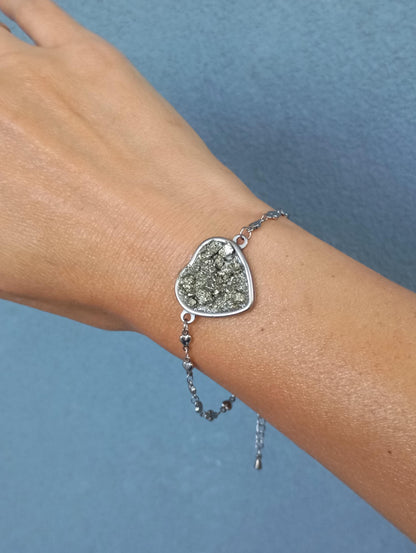 Heart cabochon with Raw Iron Pyrite Bracelet, Stone for Wealth,natural gem, stainless steel bracelet  heart  links chain bracelet protection