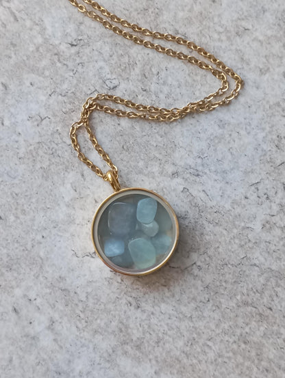 Natural Aquamarine Necklace, Healing crystal natural Gemstone Necklace in round glass locked Pendant